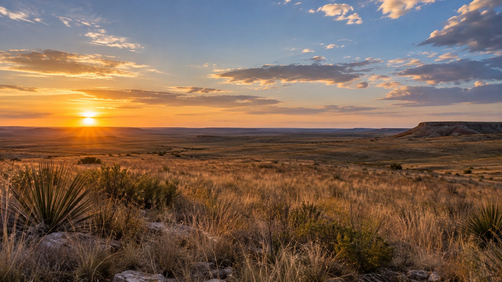 Texas Panhandle prairie at sunset, yucca and grassland running out to a mesa on the horizon